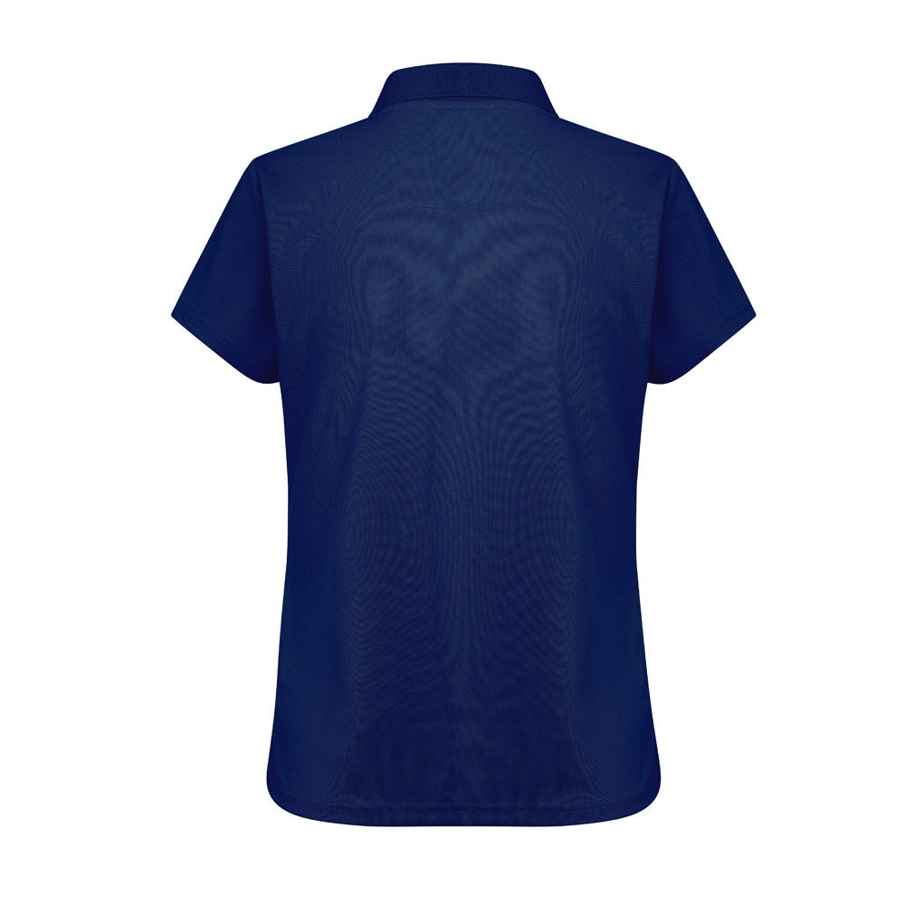 THC DYNAMIC WOMEN promotional polo shirt in navy blue (detail view) with custom logo branding