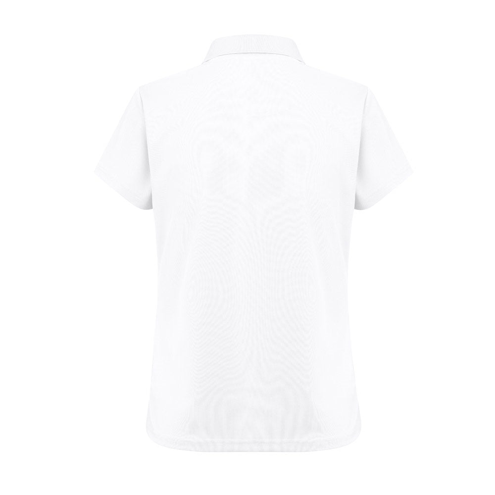 THC DYNAMIC WOMEN WH promotional polo shirt in white (detail view) with custom logo branding