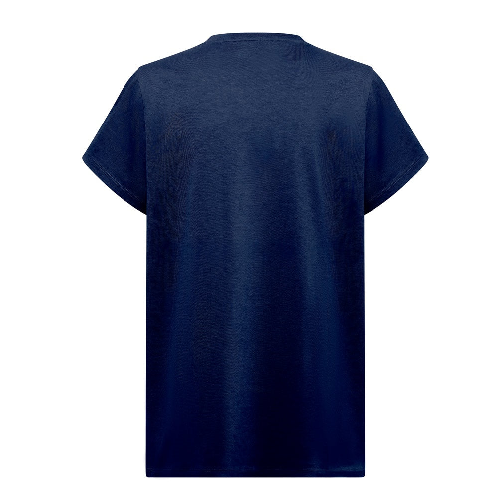THC SOFIA REGULAR promotional t-shirt in blue (detail view) with custom logo branding