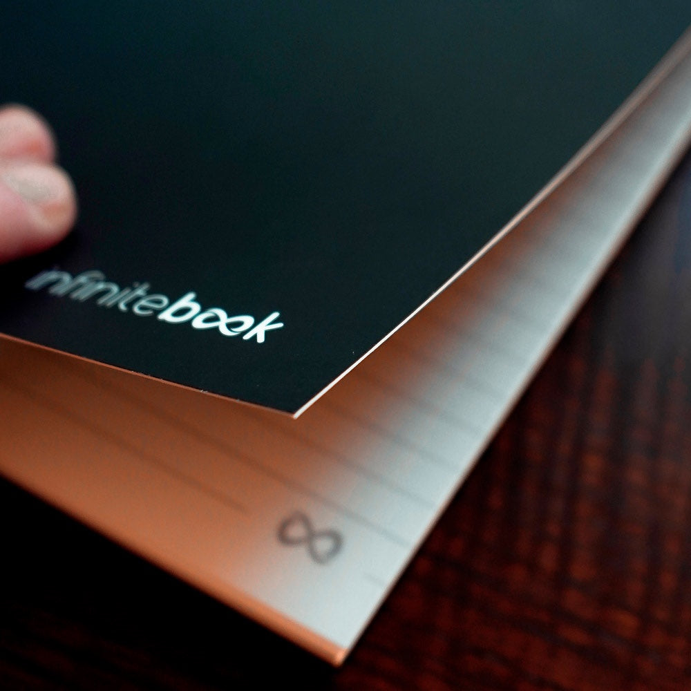 INFINITEBOOK LINED A5 promotional notebook in black (detail view) with custom logo branding