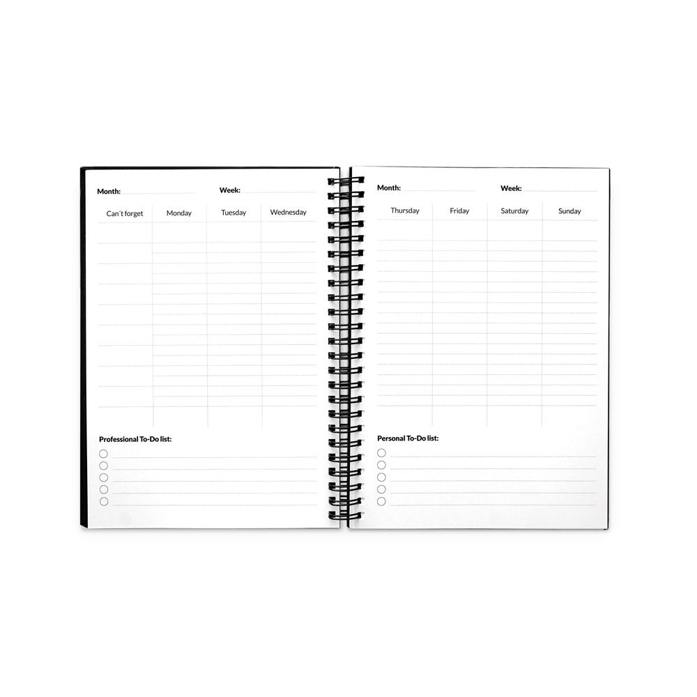STARTER KIT INFINITE PLANNER A5 promotional notebook in black (detail view) with custom logo branding