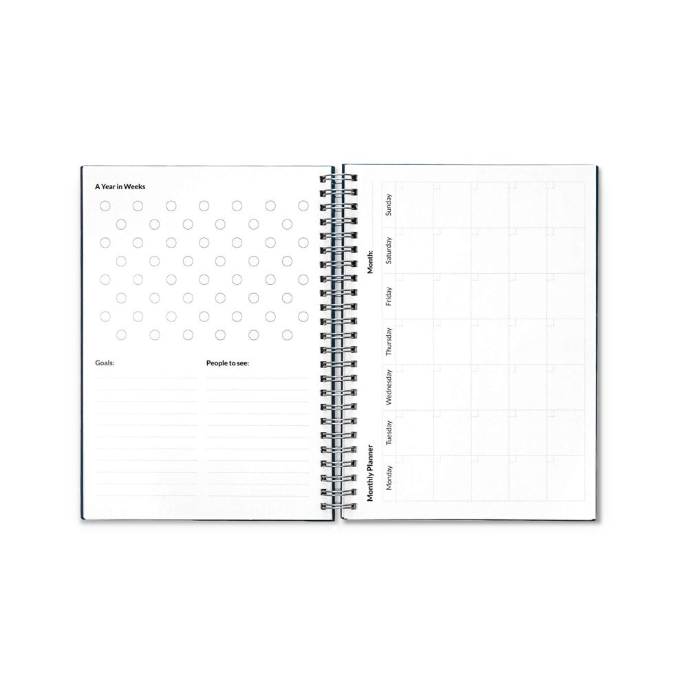STARTER KIT INFINITE PLANNER A5 promotional notebook in navy blue (detail view) with custom logo branding