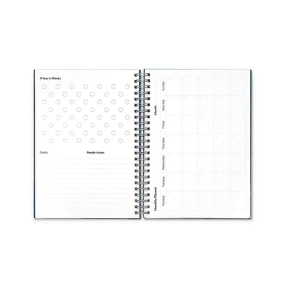 STARTER KIT INFINITE PLANNER A5 promotional notebook in navy blue (detail view) with custom logo branding