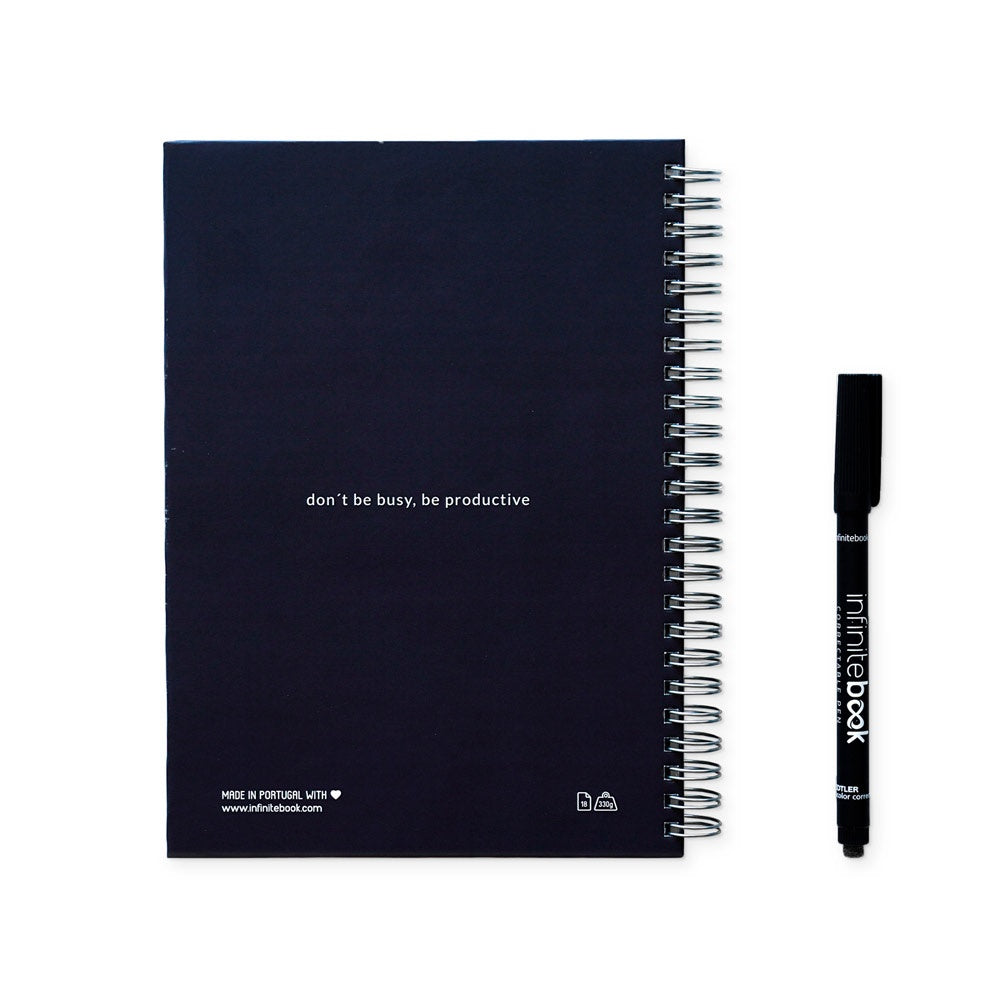 STARTER KIT INFINITE PLANNER A5 promotional notebook in navy blue (detail view) with custom logo branding