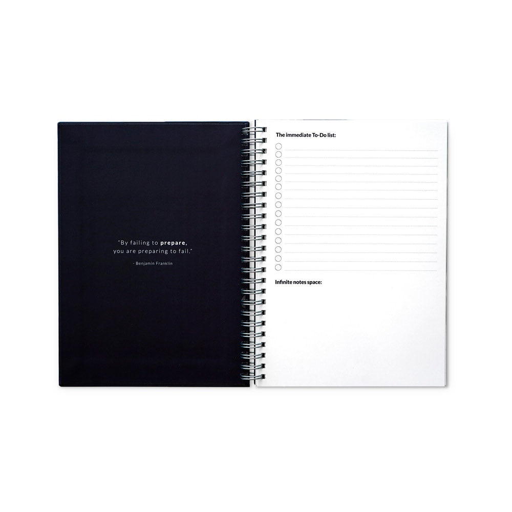 STARTER KIT INFINITE PLANNER A5 promotional notebook in navy blue (detail view) with custom logo branding