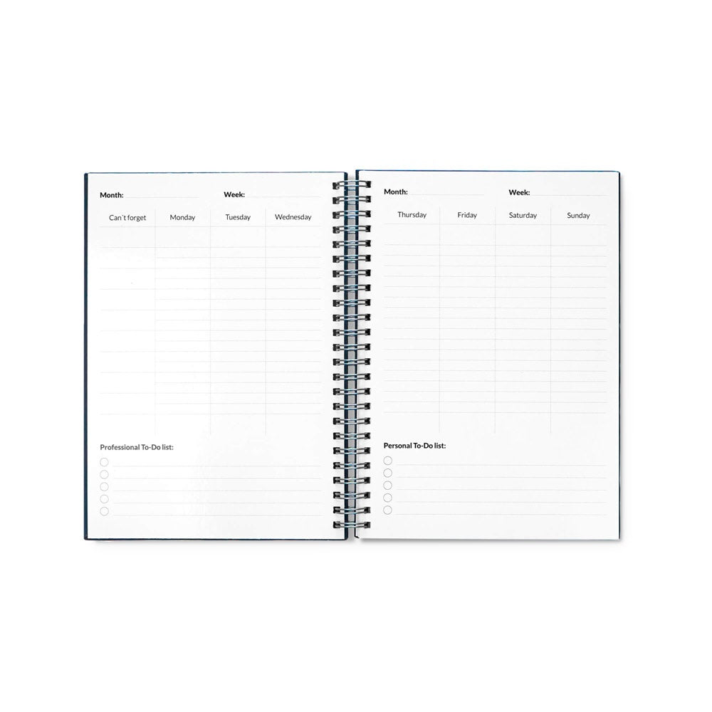 STARTER KIT INFINITE PLANNER A5 promotional notebook in navy blue (detail view) with custom logo branding