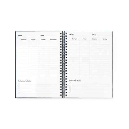 STARTER KIT INFINITE PLANNER A5 promotional notebook in navy blue (detail view) with custom logo branding
