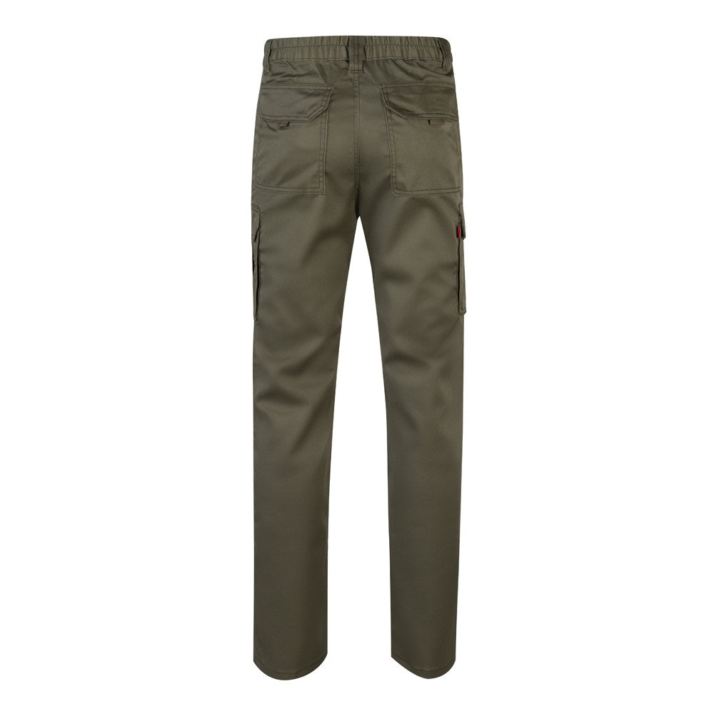 VL LUGH promotional workwear garment in army green (detail view) with custom logo branding