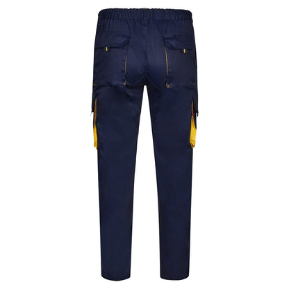VL HYPNOS promotional workwear garment in navy blue / yellow (detail view) with custom logo branding