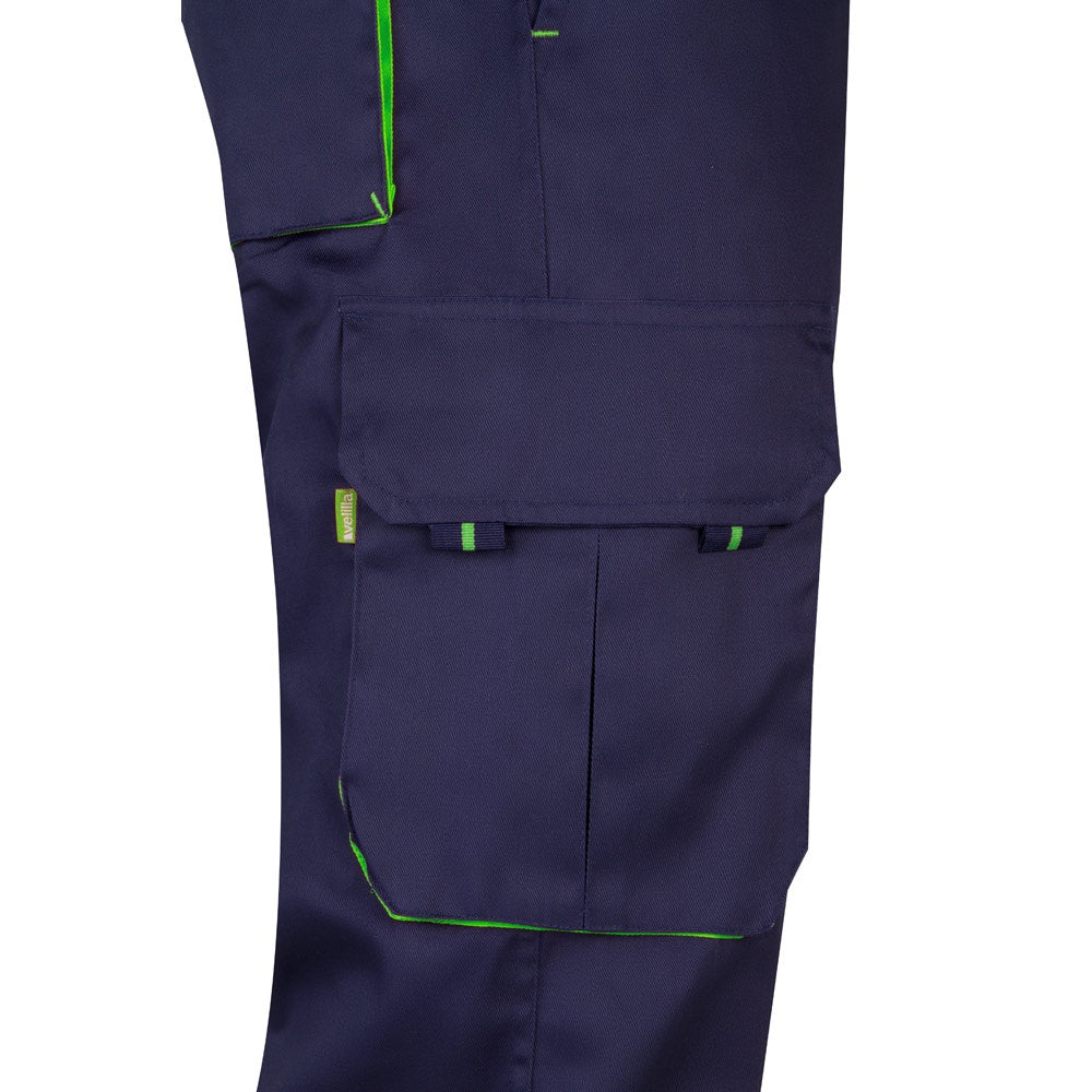 VL HYPNOS promotional workwear garment in navy blue / green (detail view) with custom logo branding