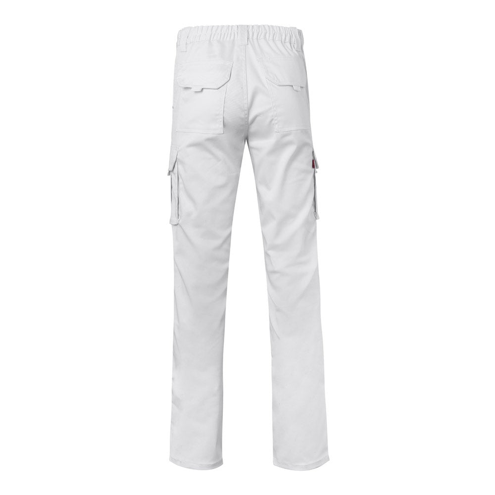 VL PAN promotional workwear garment in white (detail view) with custom logo branding