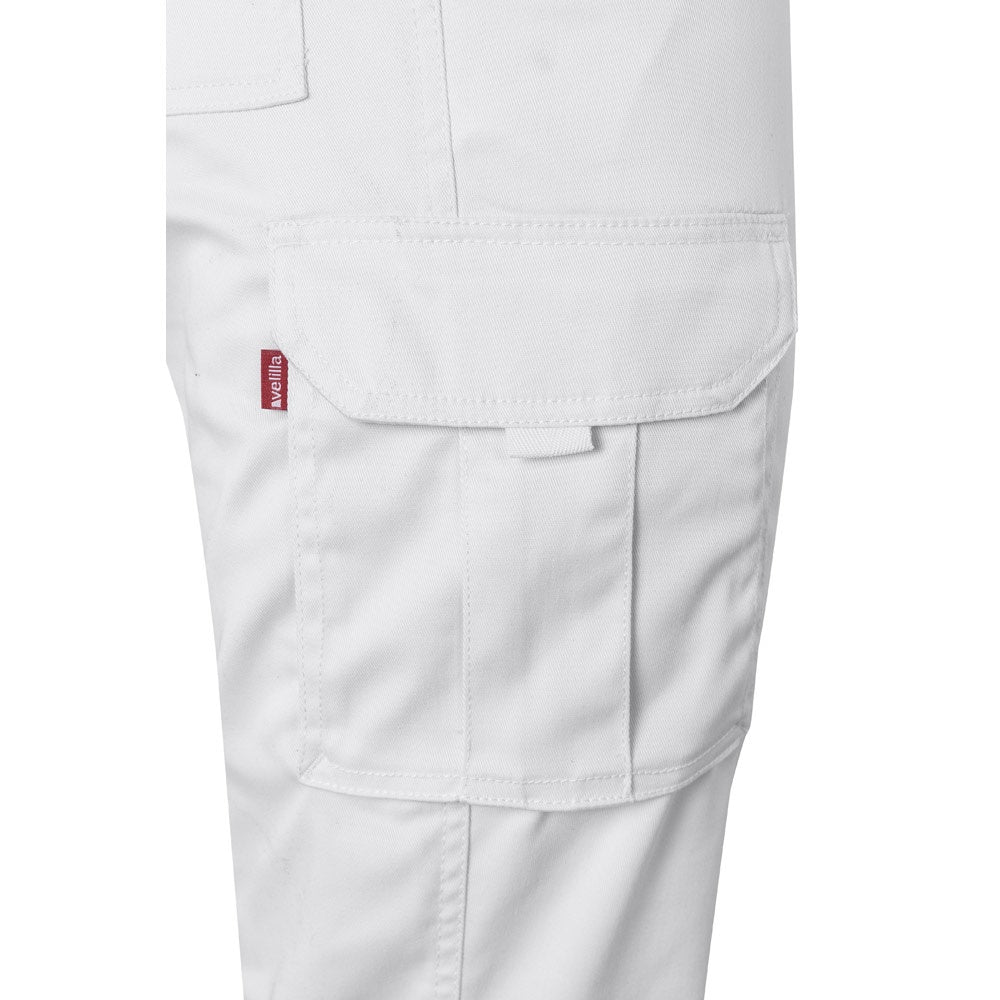 VL PAN promotional workwear garment in white (detail view) with custom logo branding