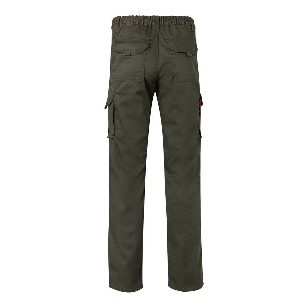 VL PAN promotional workwear garment in army green (detail view) with custom logo branding
