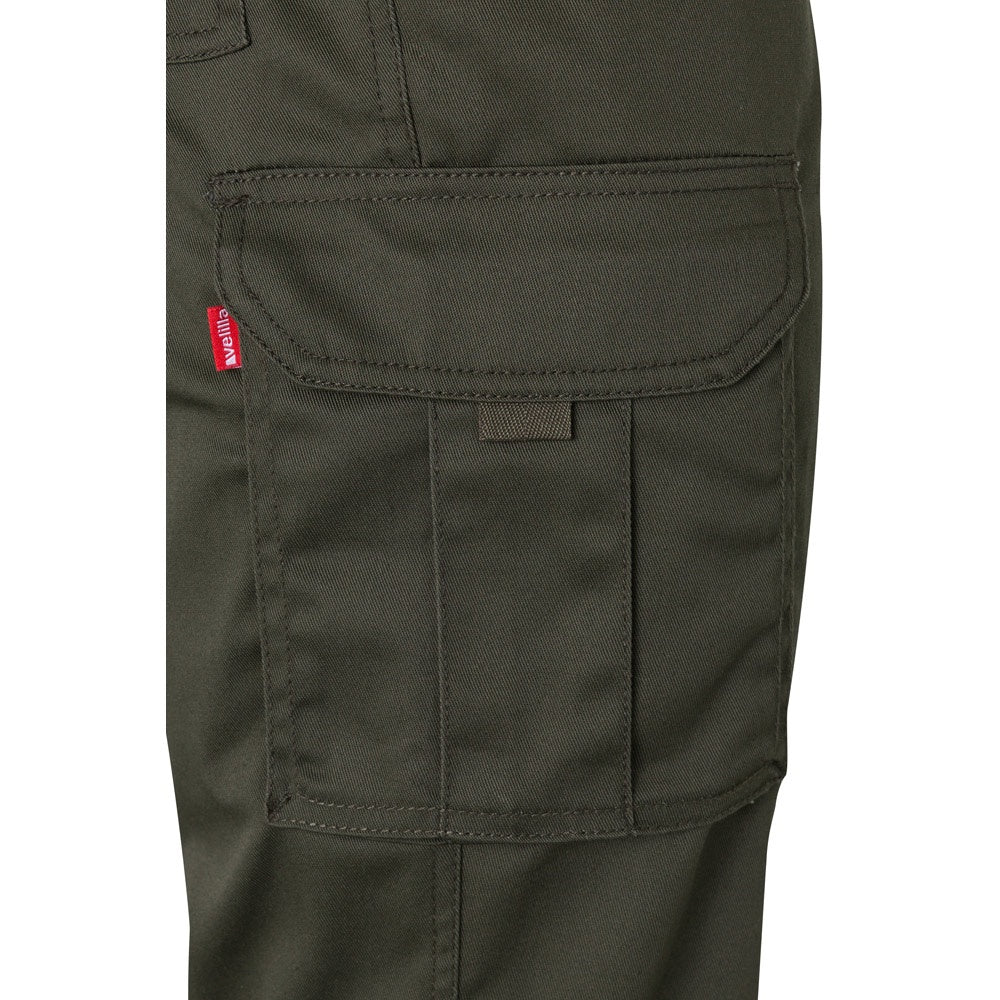 VL PAN promotional workwear garment in army green (detail view) with custom logo branding