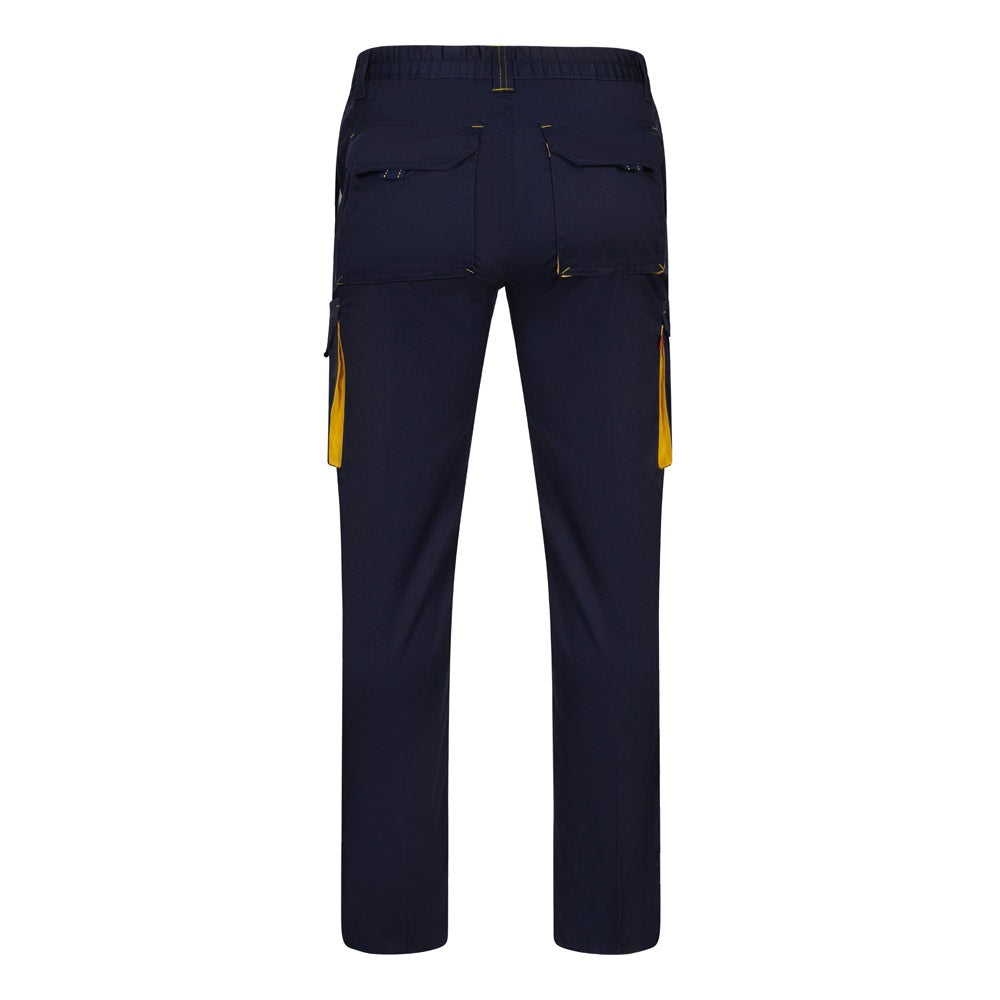 VL FIDES promotional workwear garment in navy blue / yellow (detail view) with custom logo branding