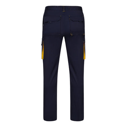 VL FIDES promotional workwear garment in navy blue / yellow (detail view) with custom logo branding