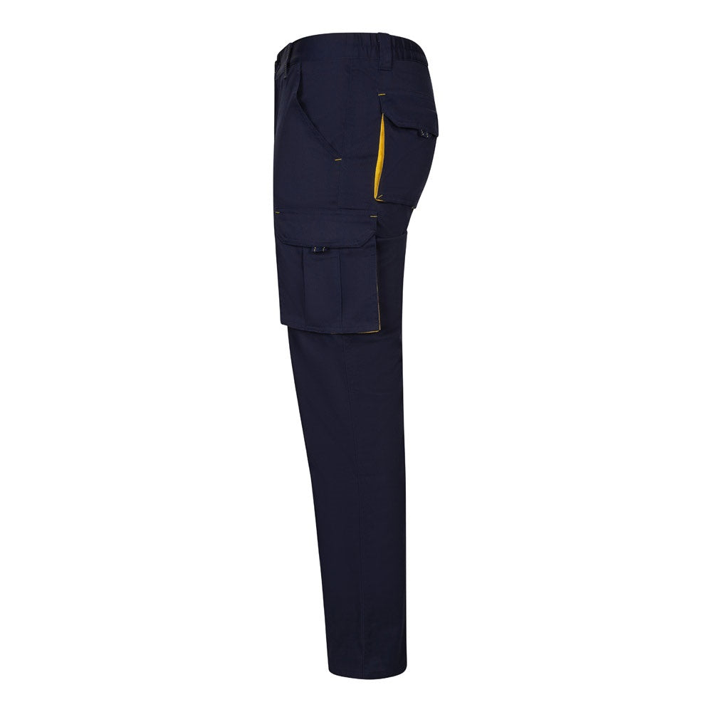 VL FIDES promotional workwear garment in navy blue / yellow (detail view) with custom logo branding