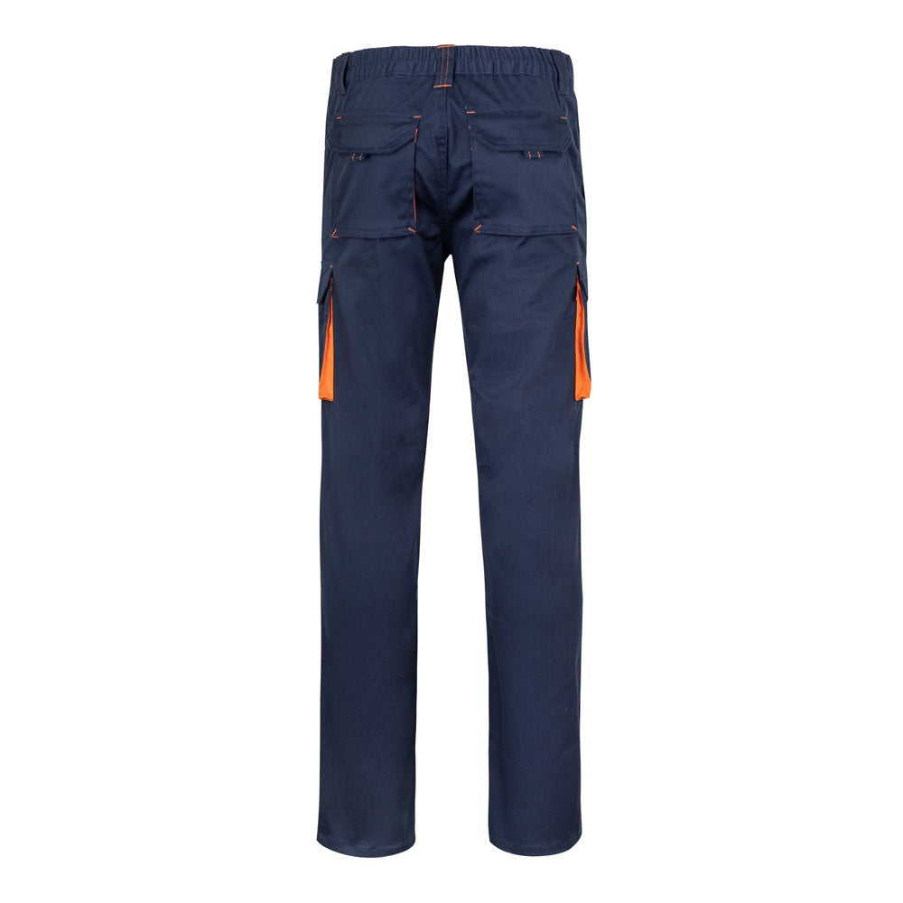 VL FIDES promotional workwear garment in navy blue / orange (detail view) with custom logo branding