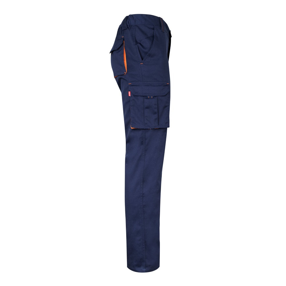 VL FIDES promotional workwear garment in navy blue / orange (detail view) with custom logo branding