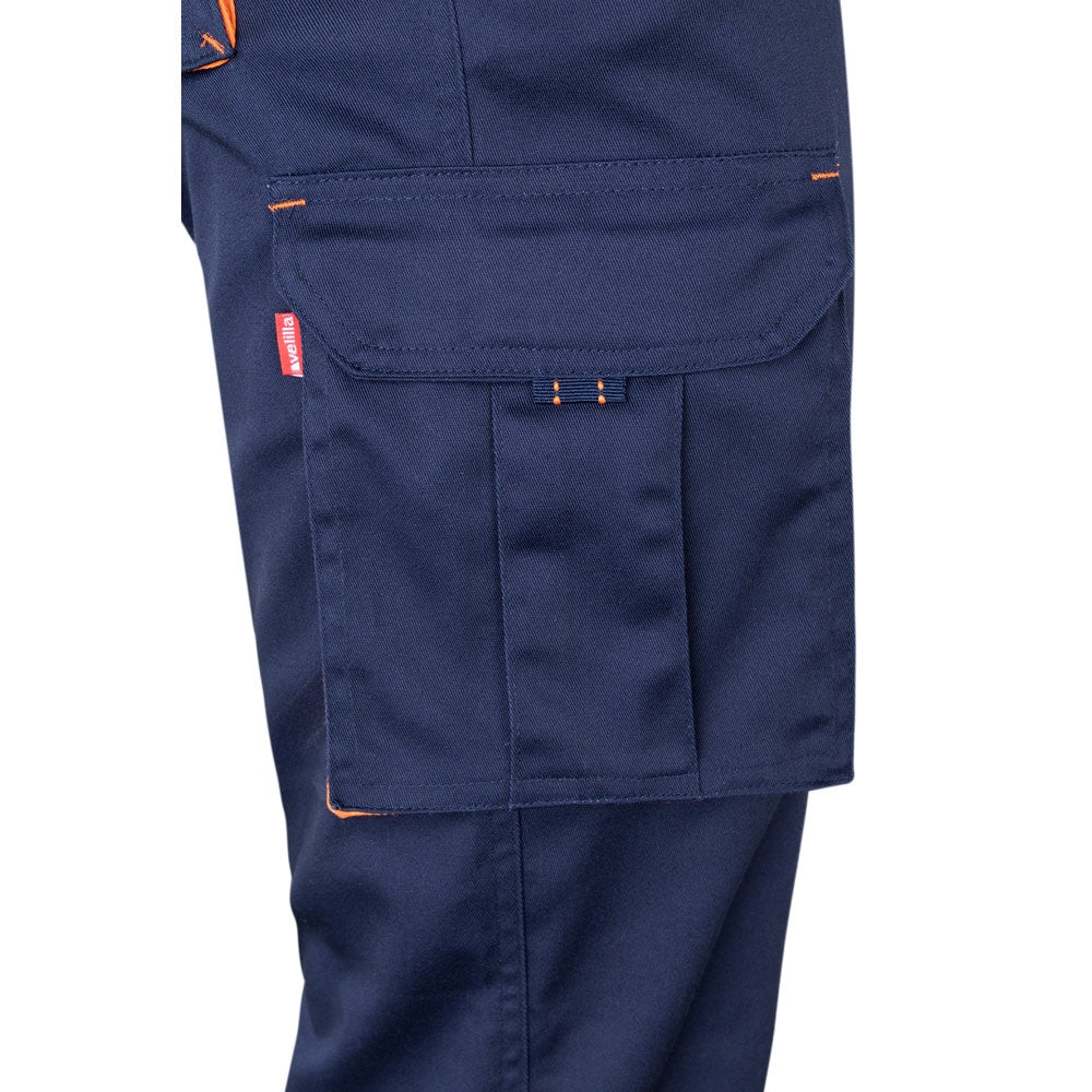 VL FIDES promotional workwear garment in navy blue / orange (detail view) with custom logo branding