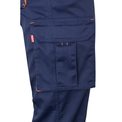 VL FIDES promotional workwear garment in navy blue / orange (detail view) with custom logo branding