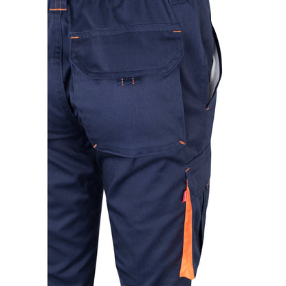 VL FIDES promotional workwear garment in navy blue / orange with custom logo branding