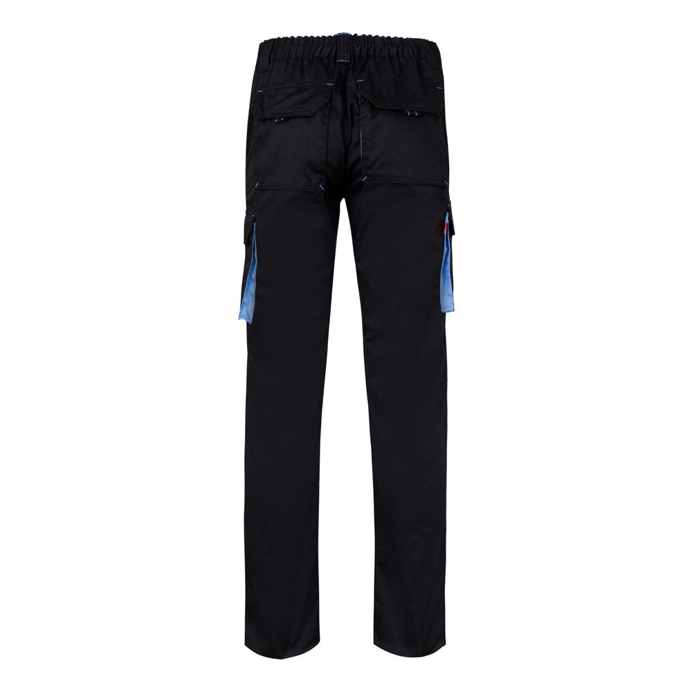 VL FIDES promotional workwear garment in black / light blue (detail view) with custom logo branding