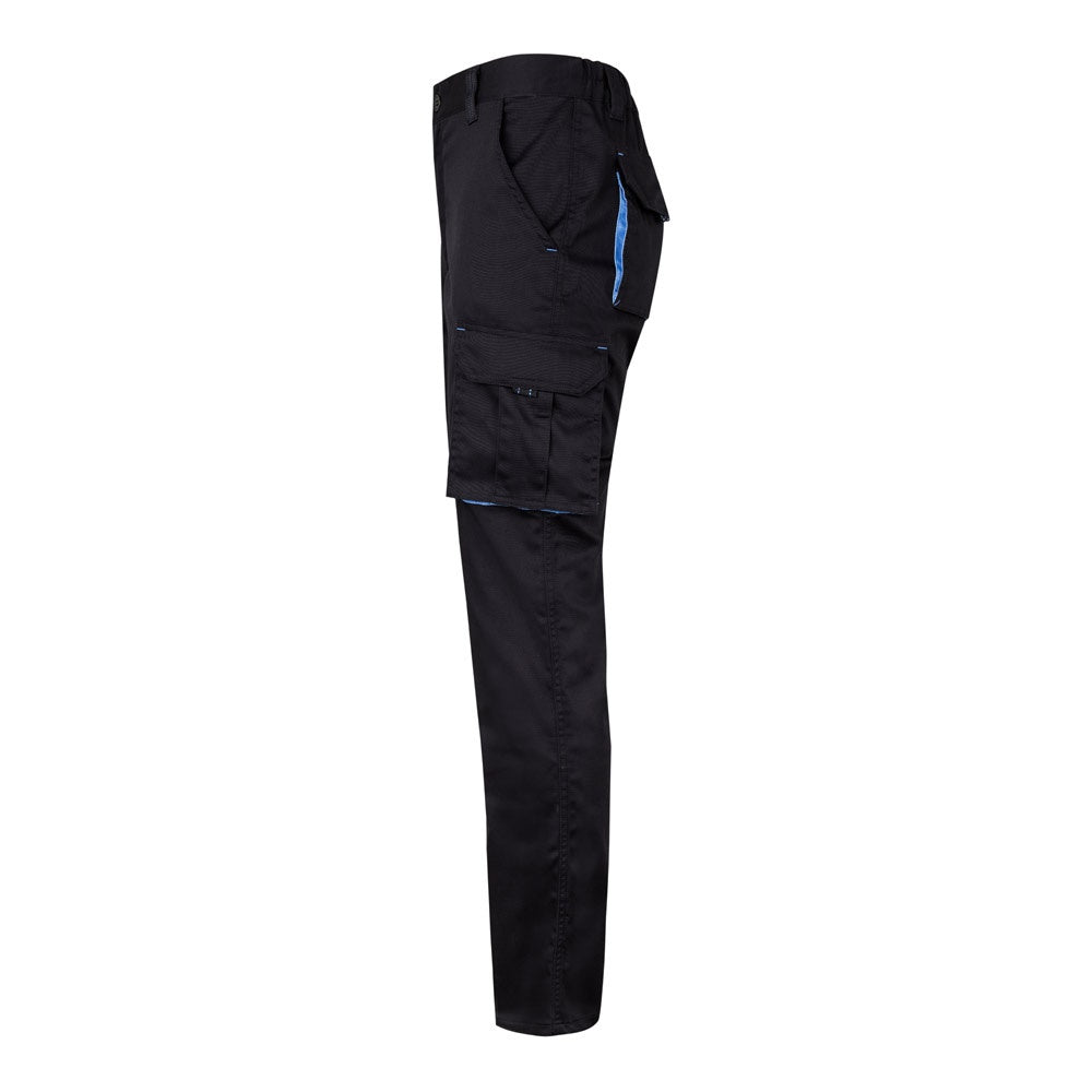 VL FIDES promotional workwear garment in black / light blue (detail view) with custom logo branding