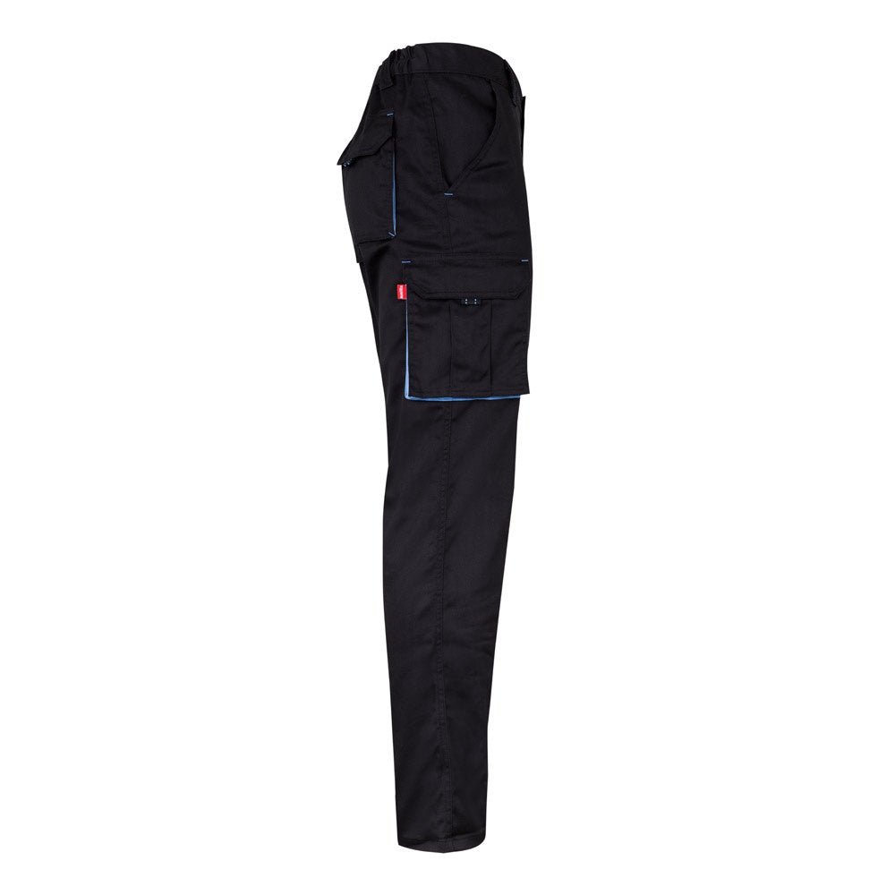 VL FIDES promotional workwear garment in black / light blue (detail view) with custom logo branding