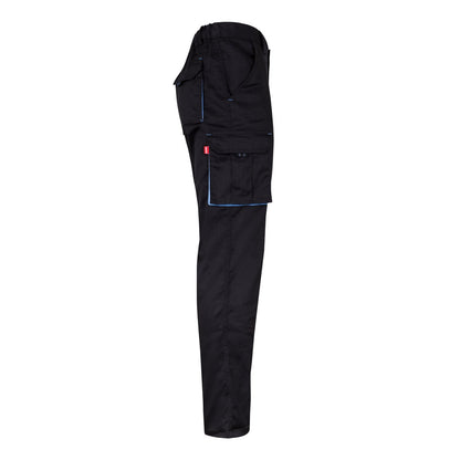 VL FIDES promotional workwear garment in black / light blue (detail view) with custom logo branding