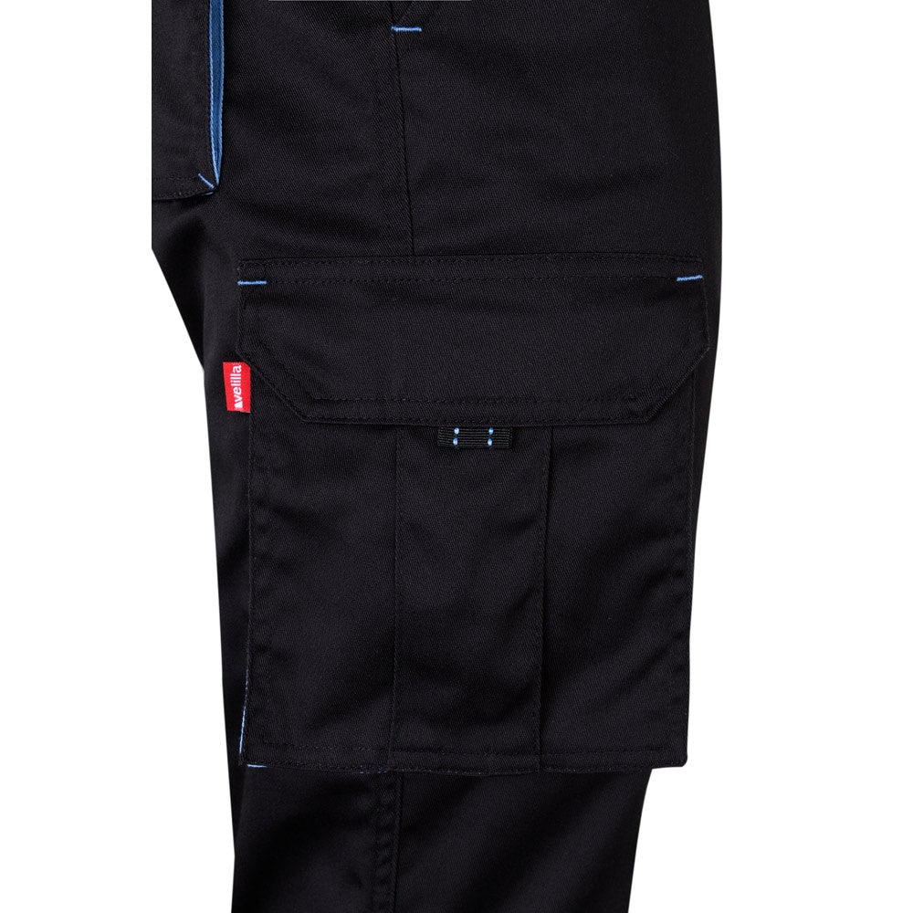 VL FIDES promotional workwear garment in black / light blue (detail view) with custom logo branding