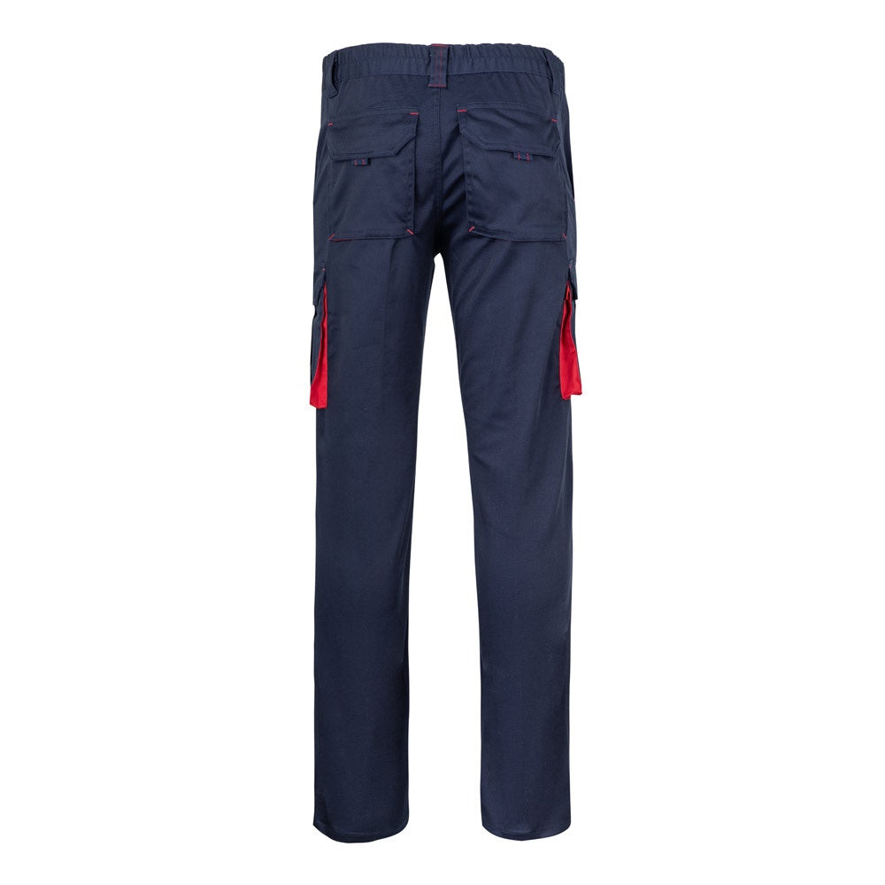 VL FIDES promotional workwear garment in navy blue / red (detail view) with custom logo branding