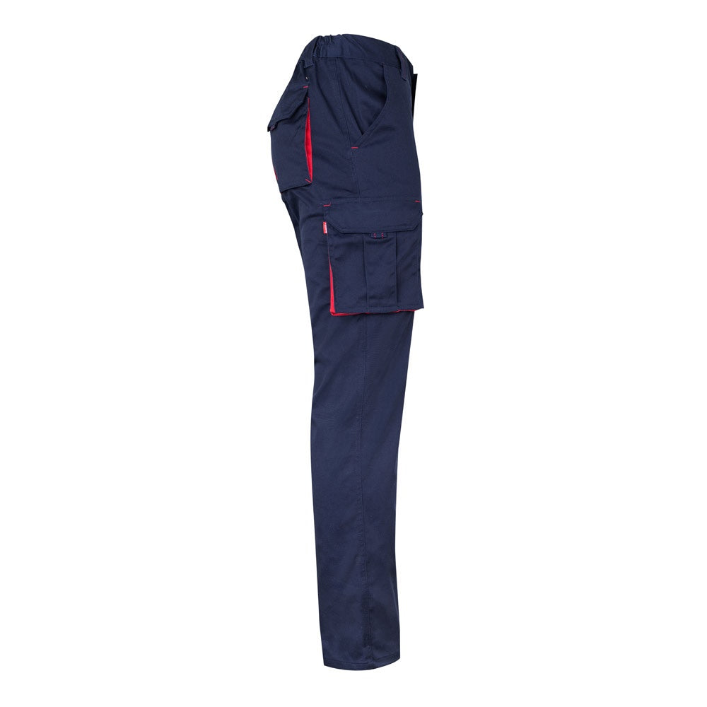 VL FIDES promotional workwear garment in navy blue / red (detail view) with custom logo branding