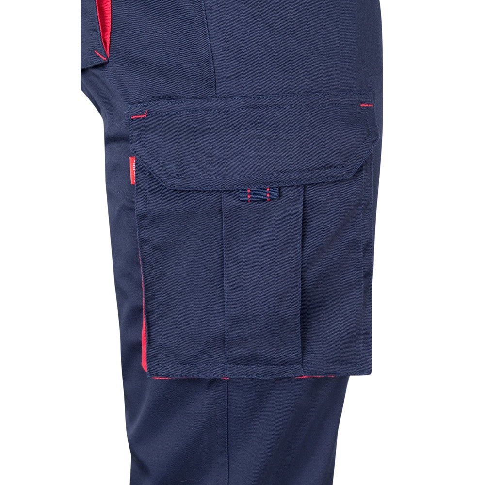 VL FIDES promotional workwear garment in navy blue / red (detail view) with custom logo branding