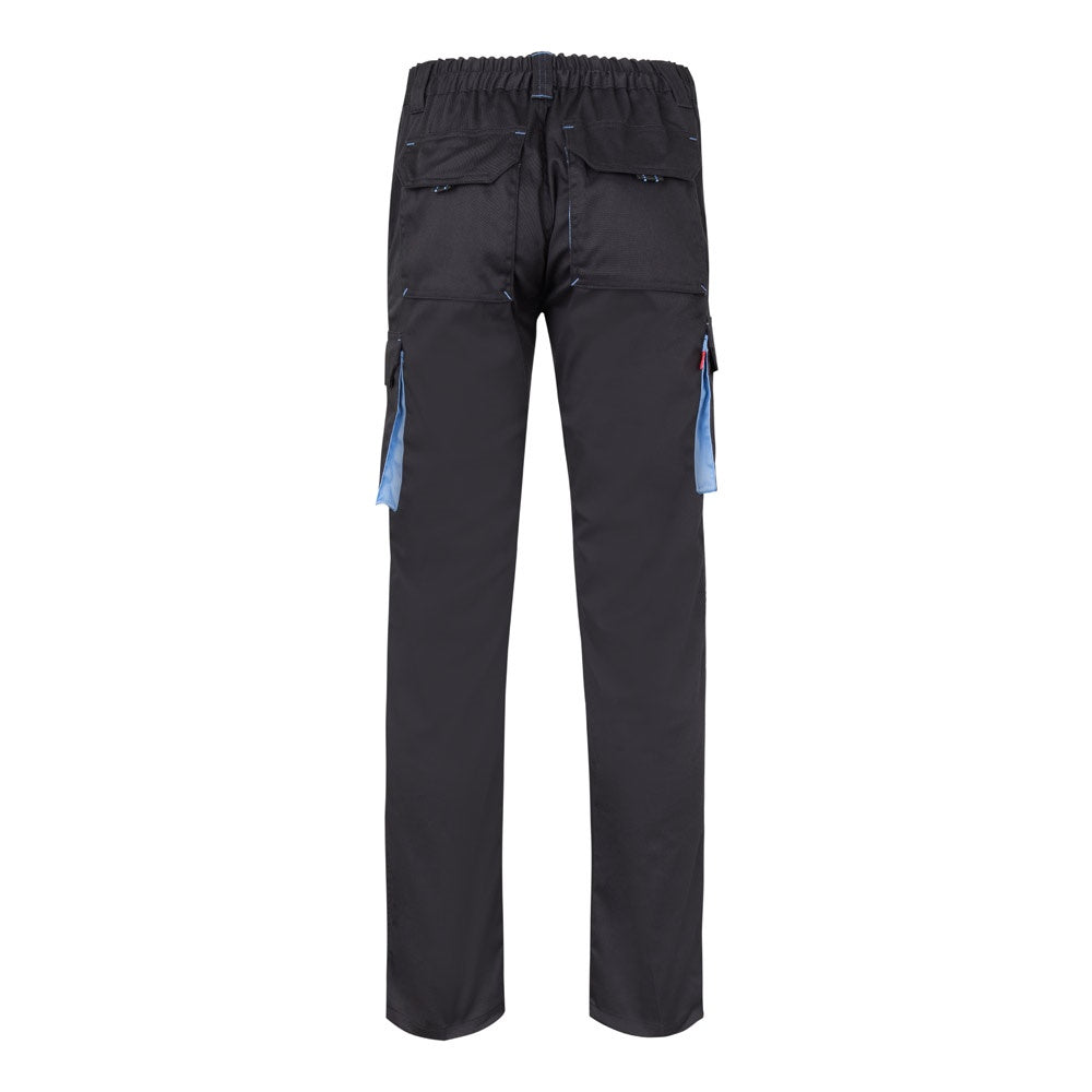 VL FIDES promotional workwear garment in grey / light blue (detail view) with custom logo branding