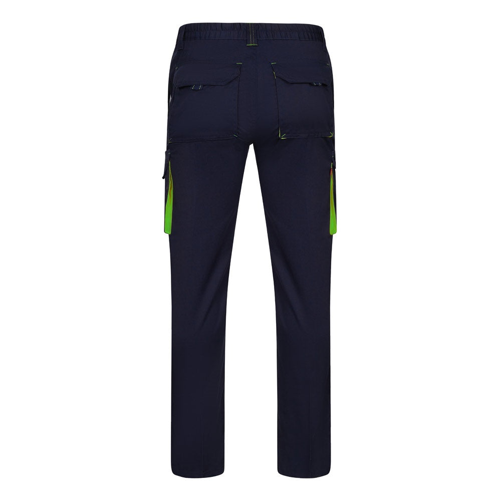 VL FIDES promotional workwear garment in navy blue / green (detail view) with custom logo branding
