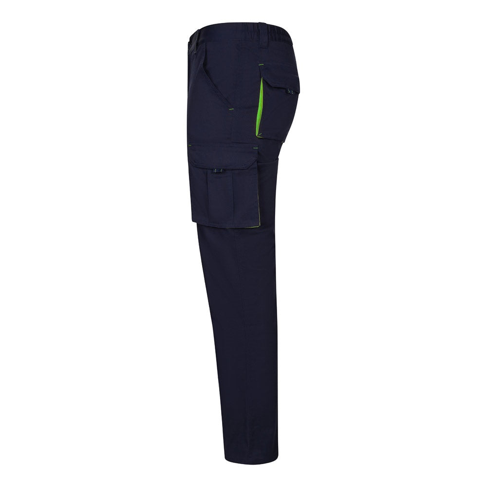 VL FIDES promotional workwear garment in navy blue / green (detail view) with custom logo branding