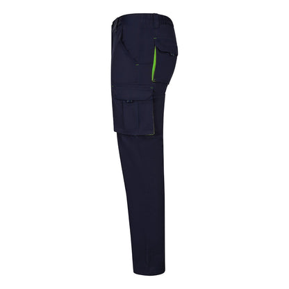 VL FIDES promotional workwear garment in navy blue / green (detail view) with custom logo branding