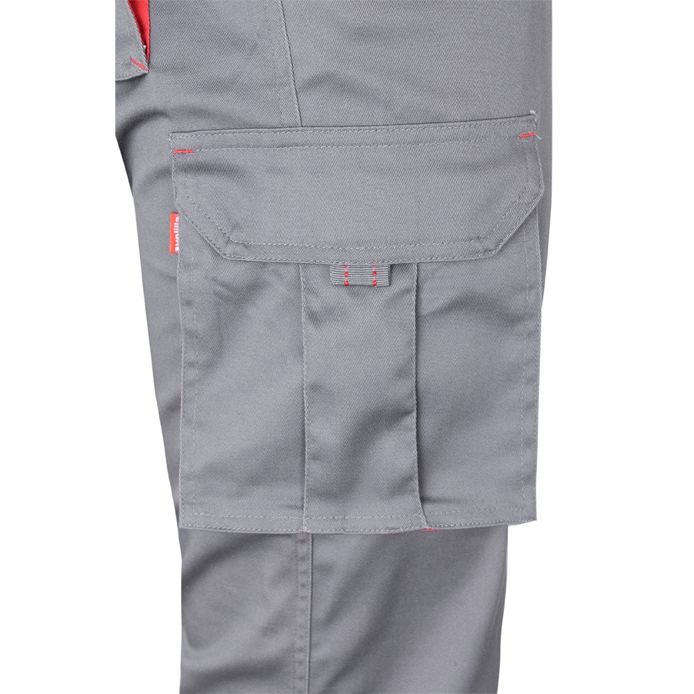 VL FIDES promotional workwear garment in grey / red (detail view) with custom logo branding