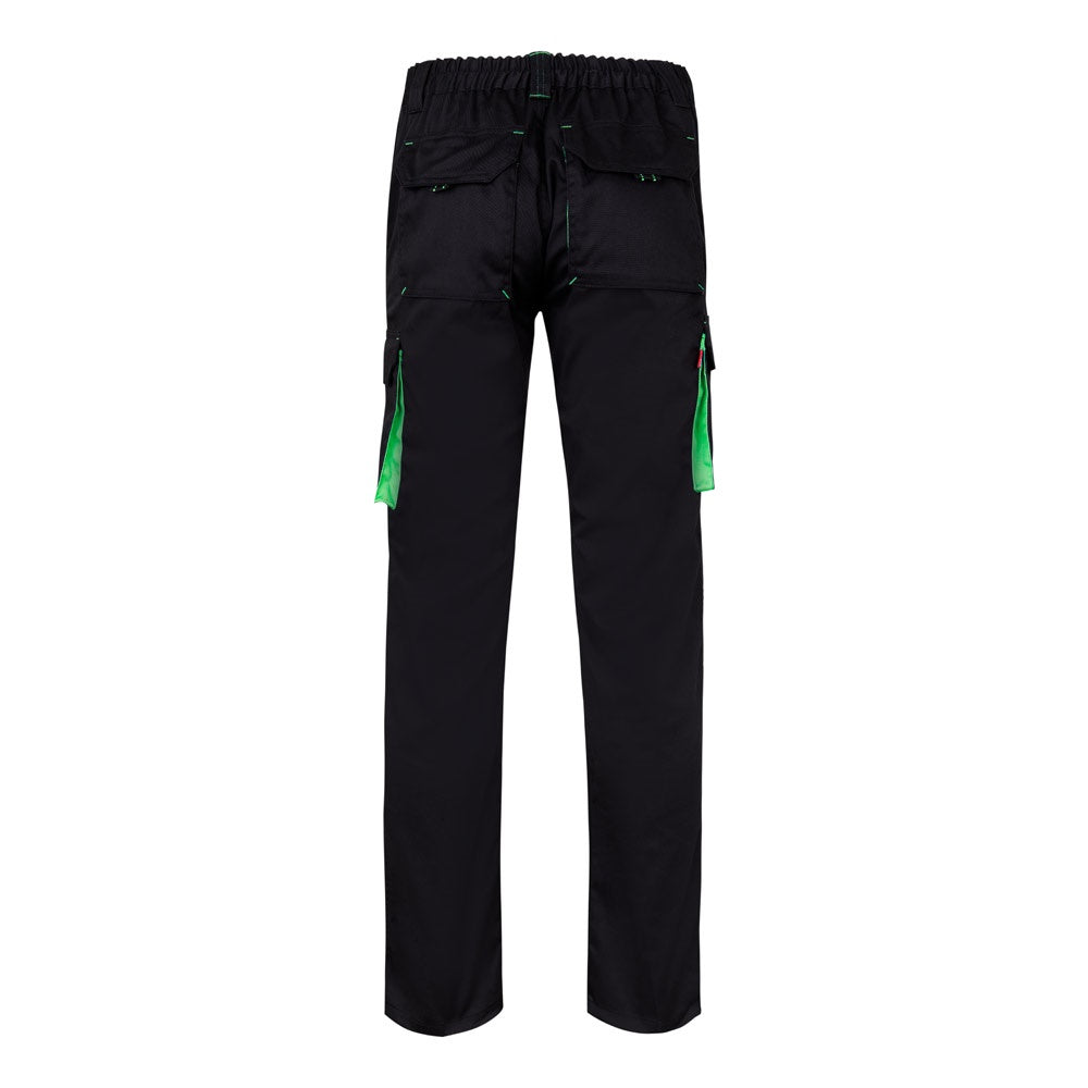 VL FIDES promotional workwear garment in black / green (detail view) with custom logo branding
