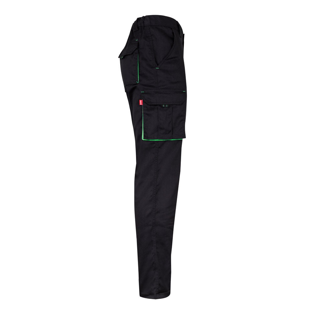 VL FIDES promotional workwear garment in black / green (detail view) with custom logo branding