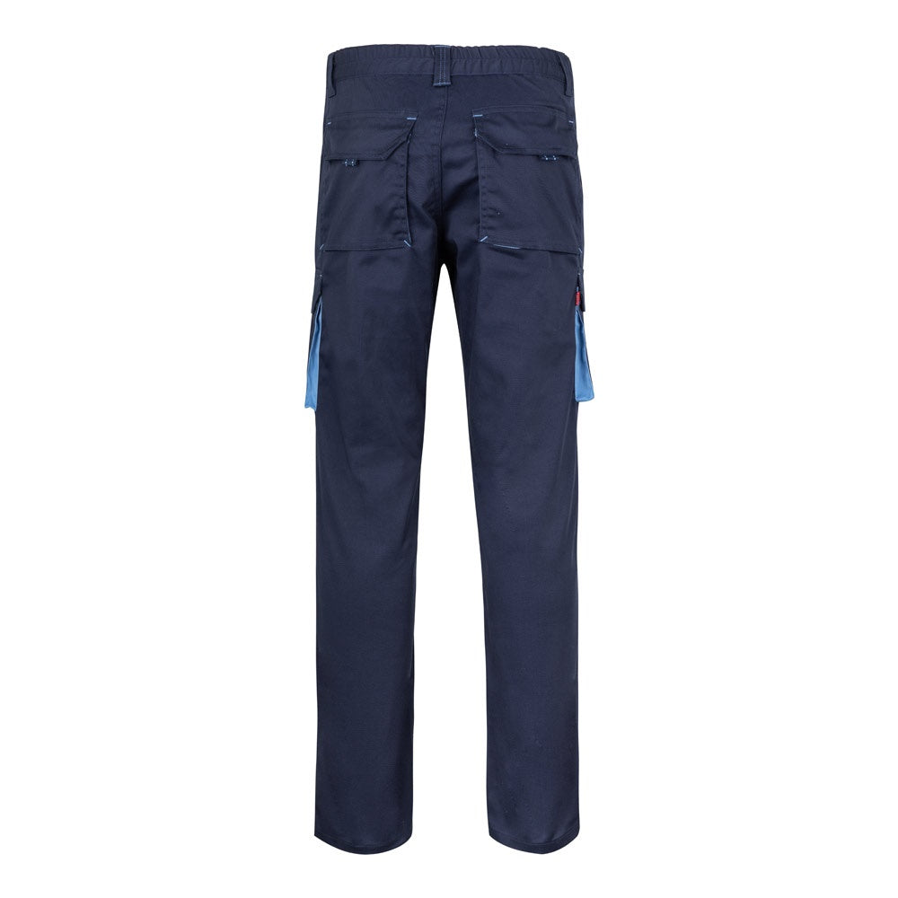 VL FIDES promotional workwear garment in navy blue / light blue (detail view) with custom logo branding