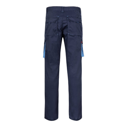 VL FIDES promotional workwear garment in navy blue / light blue (detail view) with custom logo branding