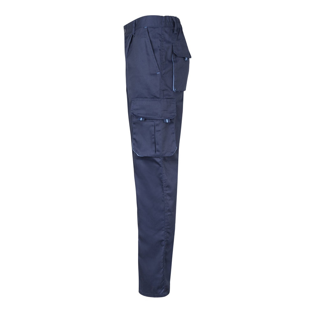 VL FIDES promotional workwear garment in navy blue / light blue (detail view) with custom logo branding