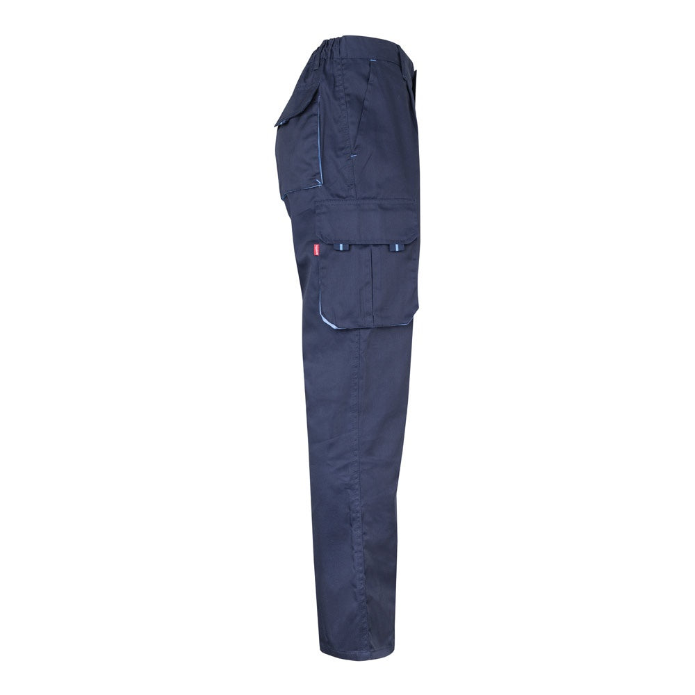 VL FIDES promotional workwear garment in navy blue / light blue (detail view) with custom logo branding