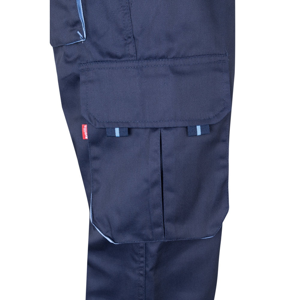 VL FIDES promotional workwear garment in navy blue / light blue (detail view) with custom logo branding
