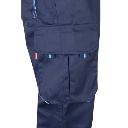 VL FIDES promotional workwear garment in navy blue / light blue (detail view) with custom logo branding
