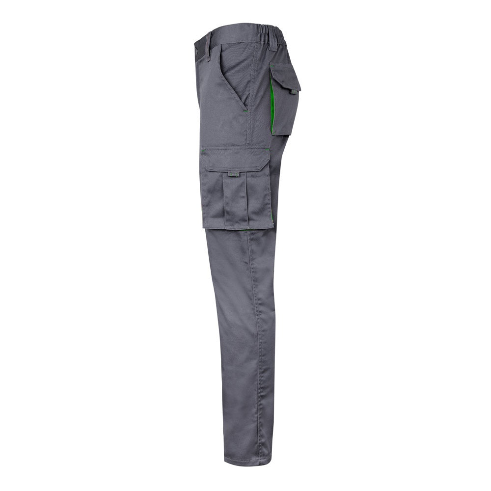 VL FIDES promotional workwear garment in grey / green (detail view) with custom logo branding