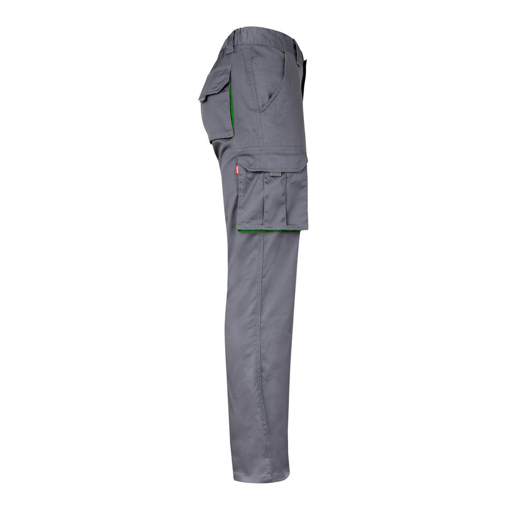 VL FIDES promotional workwear garment in grey / green (detail view) with custom logo branding