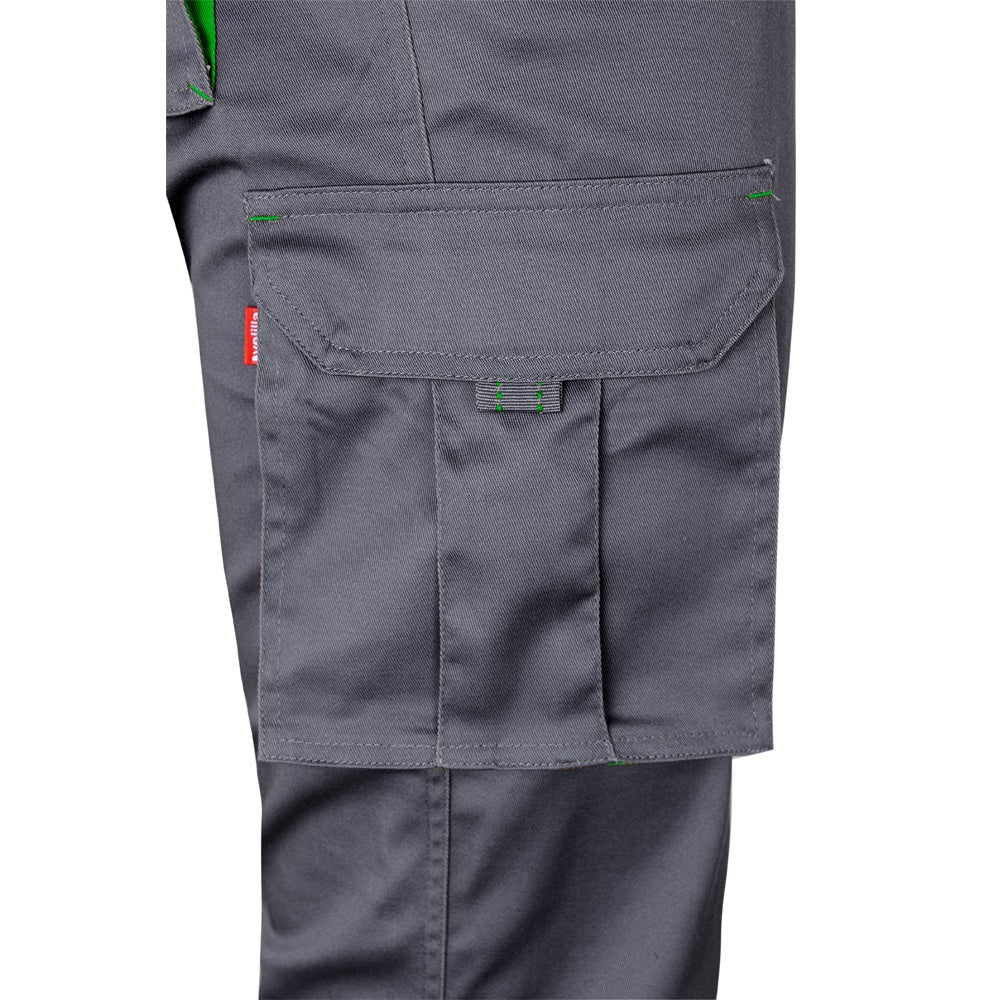VL FIDES promotional workwear garment in grey / green (detail view) with custom logo branding